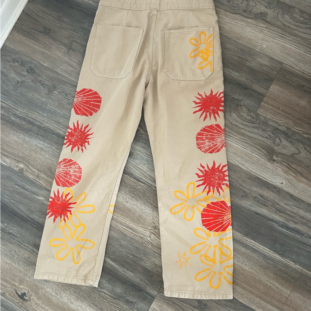 Free People Tan Overalls with Red and Yellow Floral Design - Picture 7 of 7